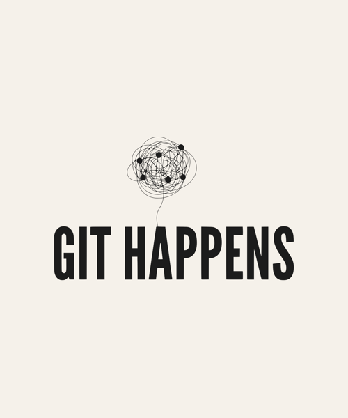 Git Happens developer t-shirt design with a tangled commit graph